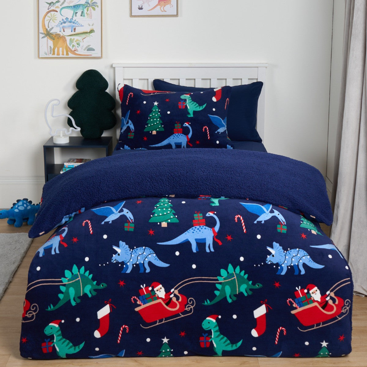 Christmas Dino Fleece Duvet Set, Navy - Single 🇬🇧