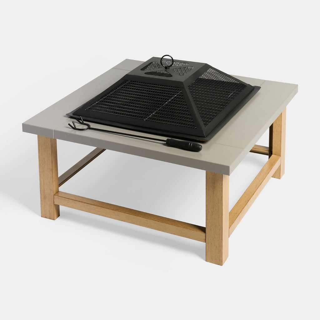 Square Outdoor Firepit with Cover & Poker - Grey 🇬🇧