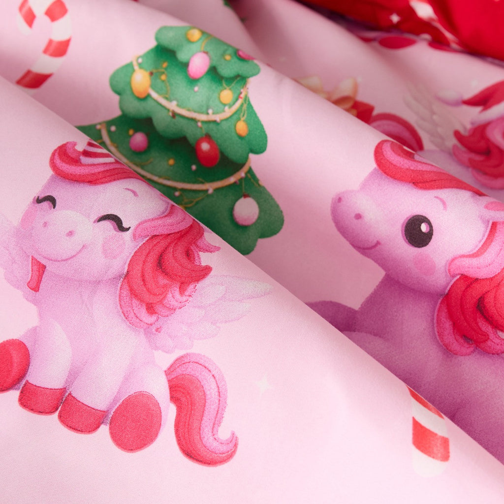 Christmas Unicorn Print Reversible Duvet Cover Set, Pink/Red - Single 🇬🇧