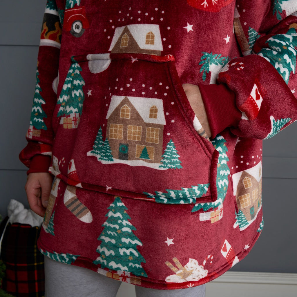 Adults Home For Christmas Print Hoodie Blanket - Burgundy 🇬🇧