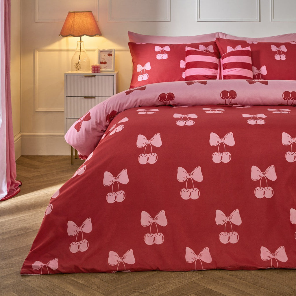 Cherry Bow Print Reversible Duvet Cover Set - Pink/Red 🇬🇧