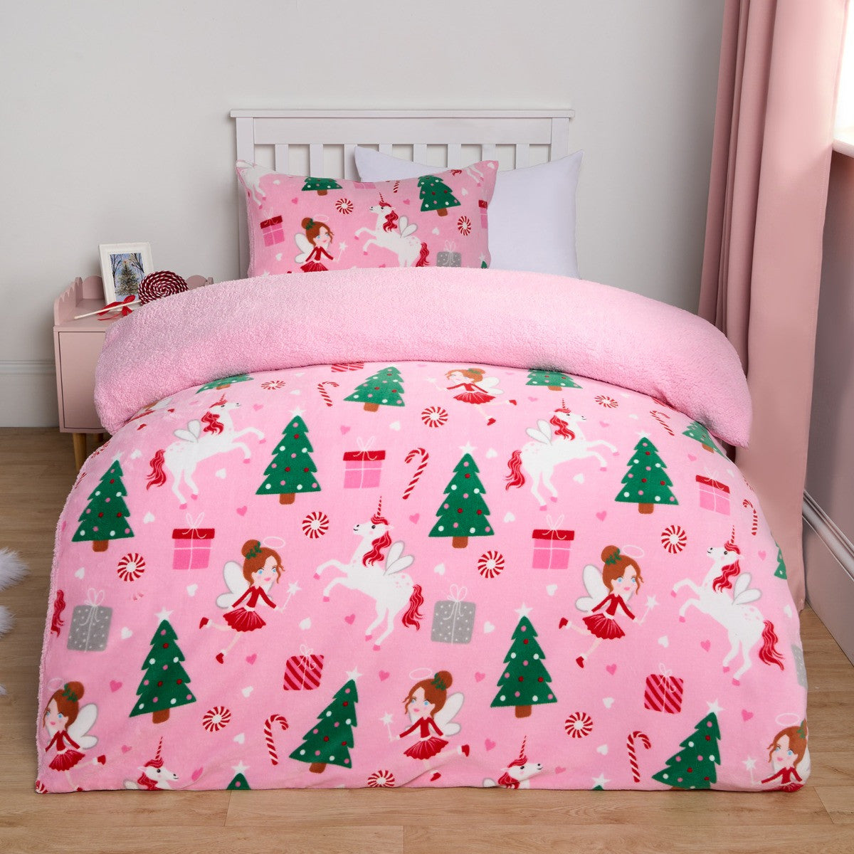 Christmas Unicorn Fleece Duvet Set, Pink - Single 🇬🇧