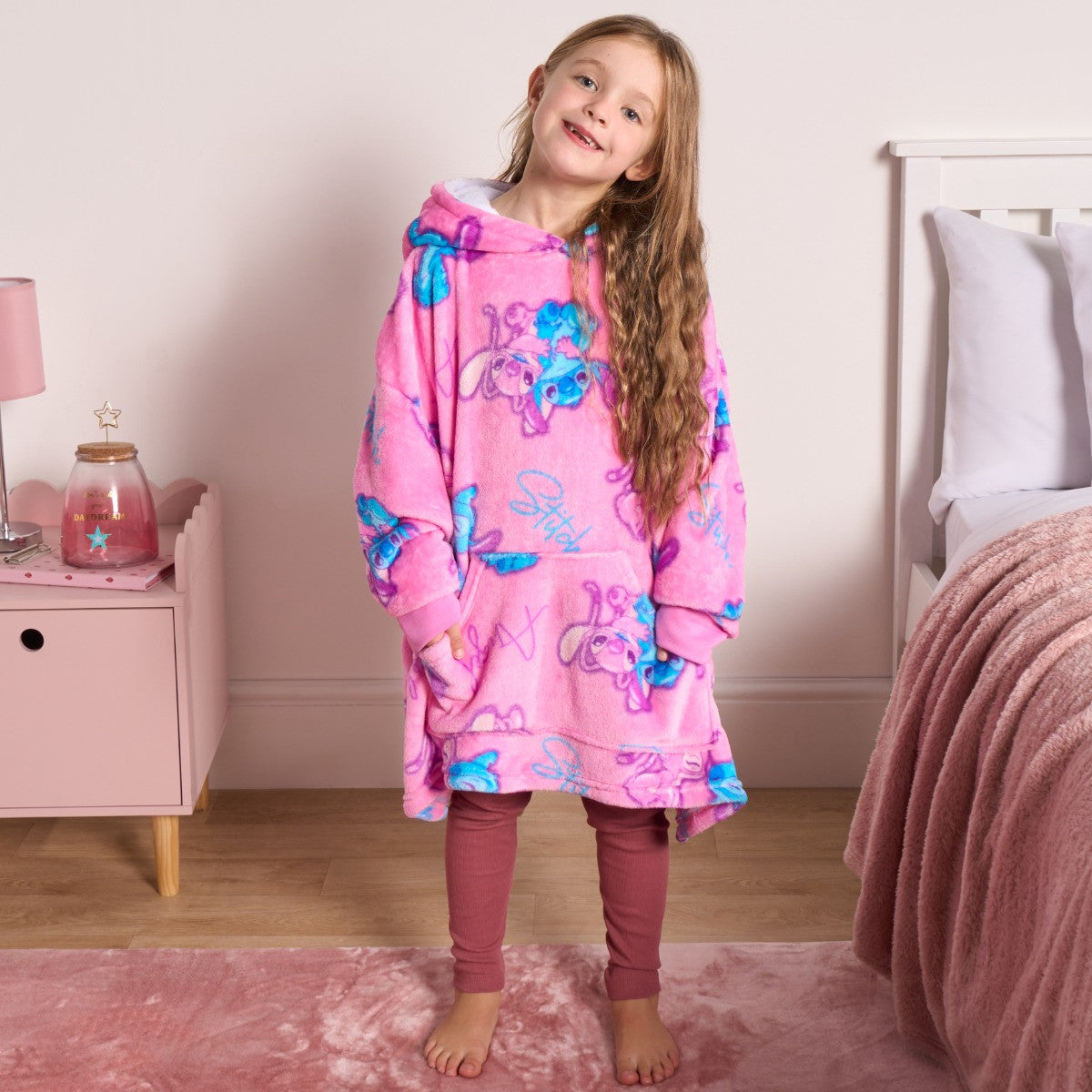 Kids Stitch & Angel Novelty Sherpa Hoodie Blanket - Pink 🇬🇧
