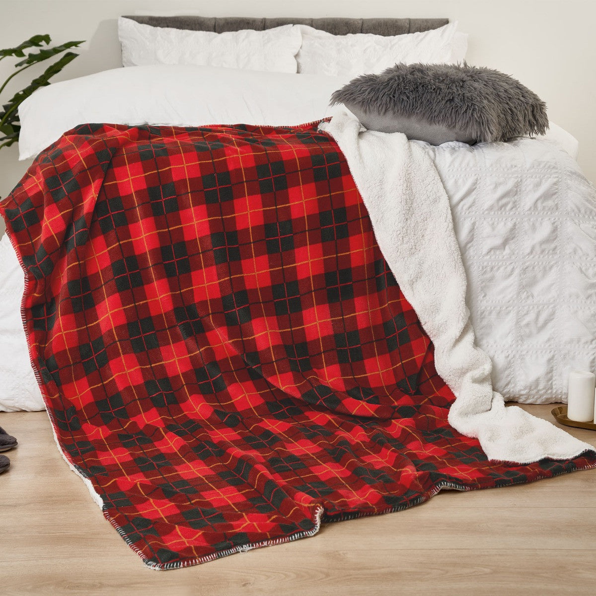 Large Tartan Sherpa Flannel Fleece Throw Blanket, Check Red - 130 x 160cm 🇬🇧