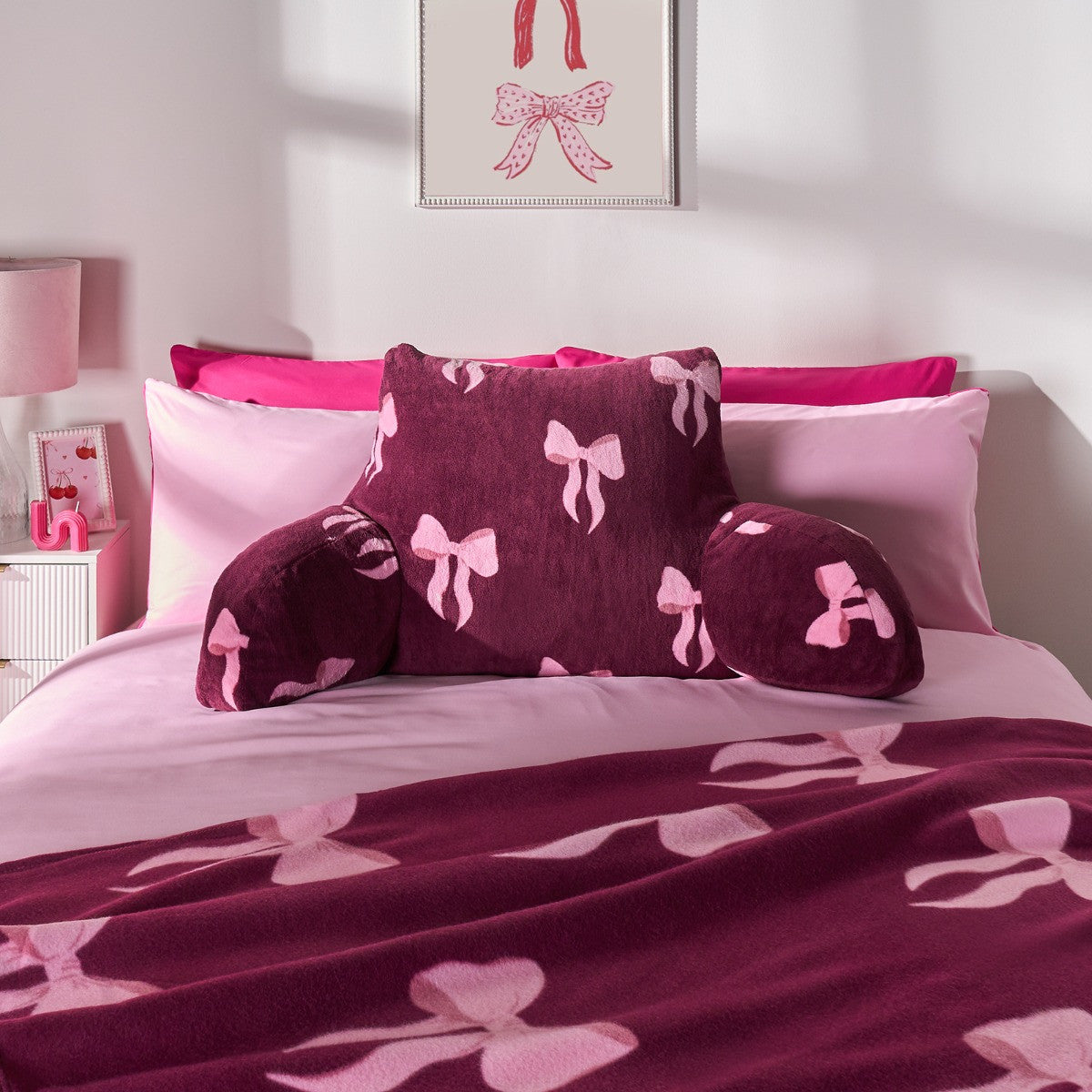 Bow Print Cuddle Cushion - Burgundy 🇬🇧