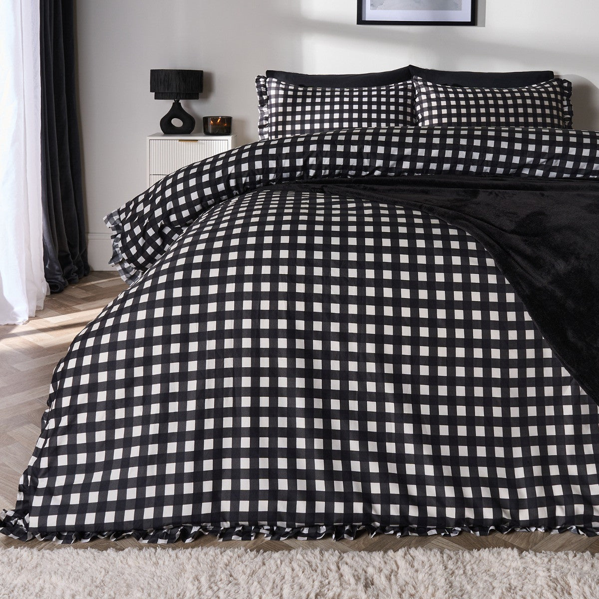 Gingham Frill Duvet Cover Set - Monochrome 🇬🇧