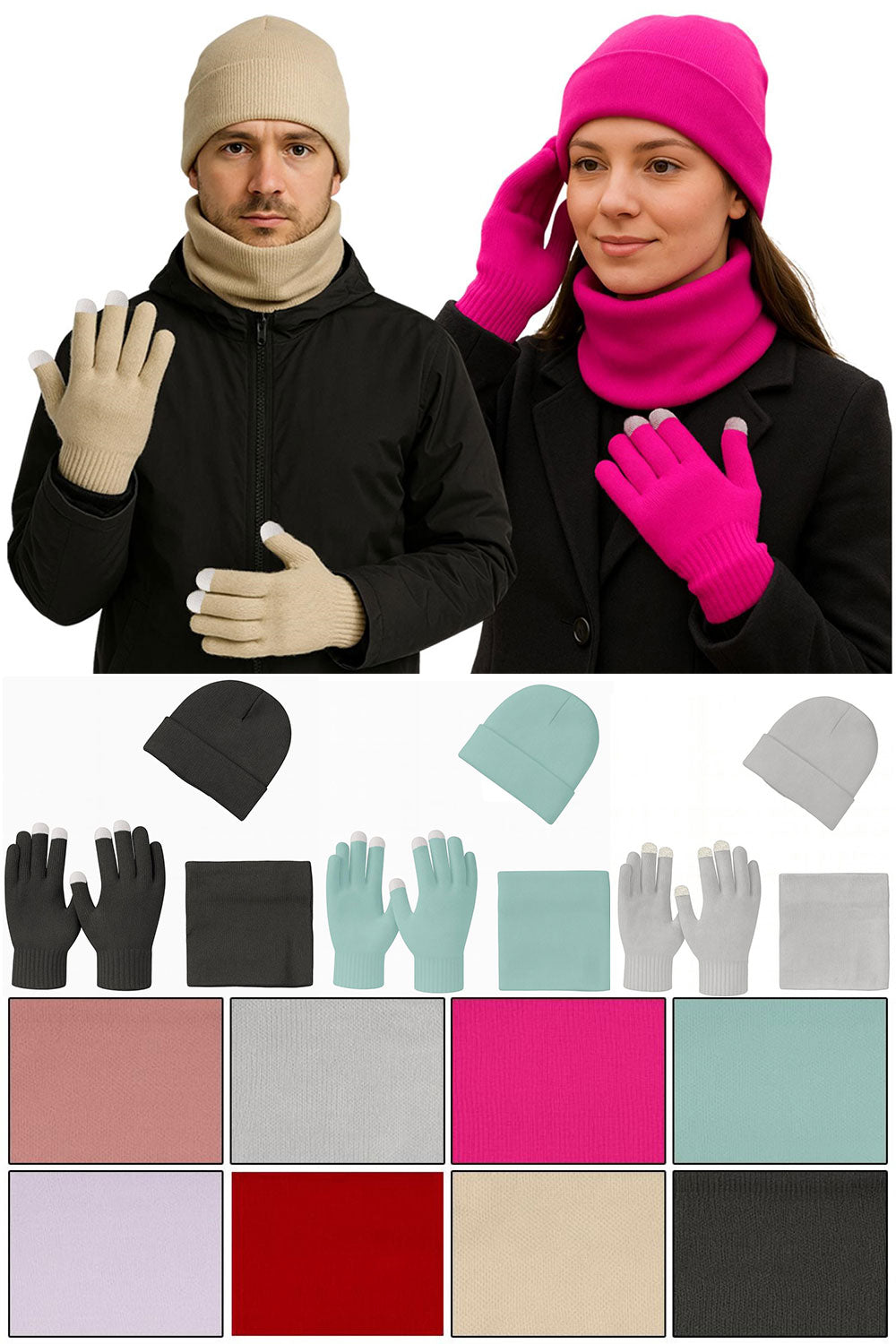 Unisex Winter Hat, Neck Warmer & Touchscreen Gloves Set – 3 Pieces Knit Cold Weather Accessories 🇬🇧