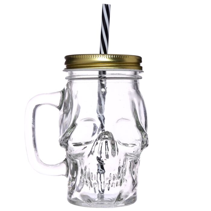 Glass Skull Drinking Jar with Metal Lid & Stripy Straw 🇬🇧