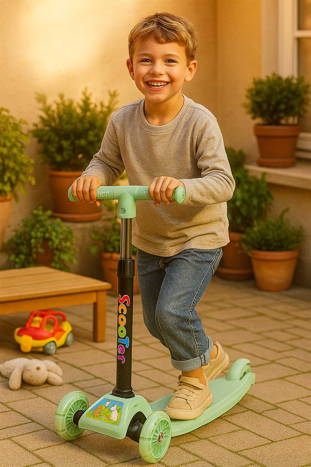 3-Wheel Kids Scooter with LED Light-Up Wheels – Adjustable Height & Foldable Design for Boys and Girls 🇬🇧