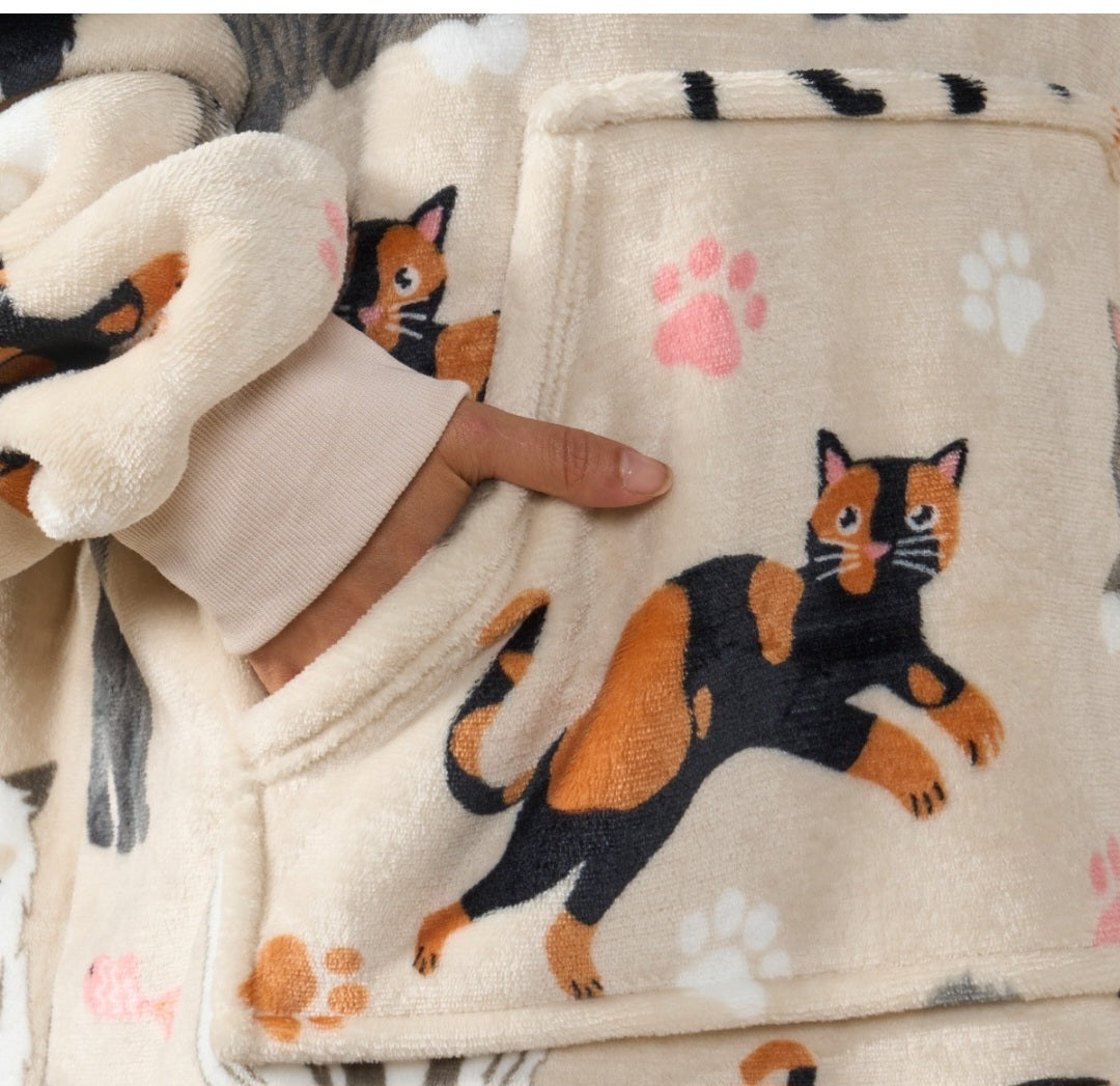Adults Cat Print Hoodie Blanket - Beige 🇬🇧