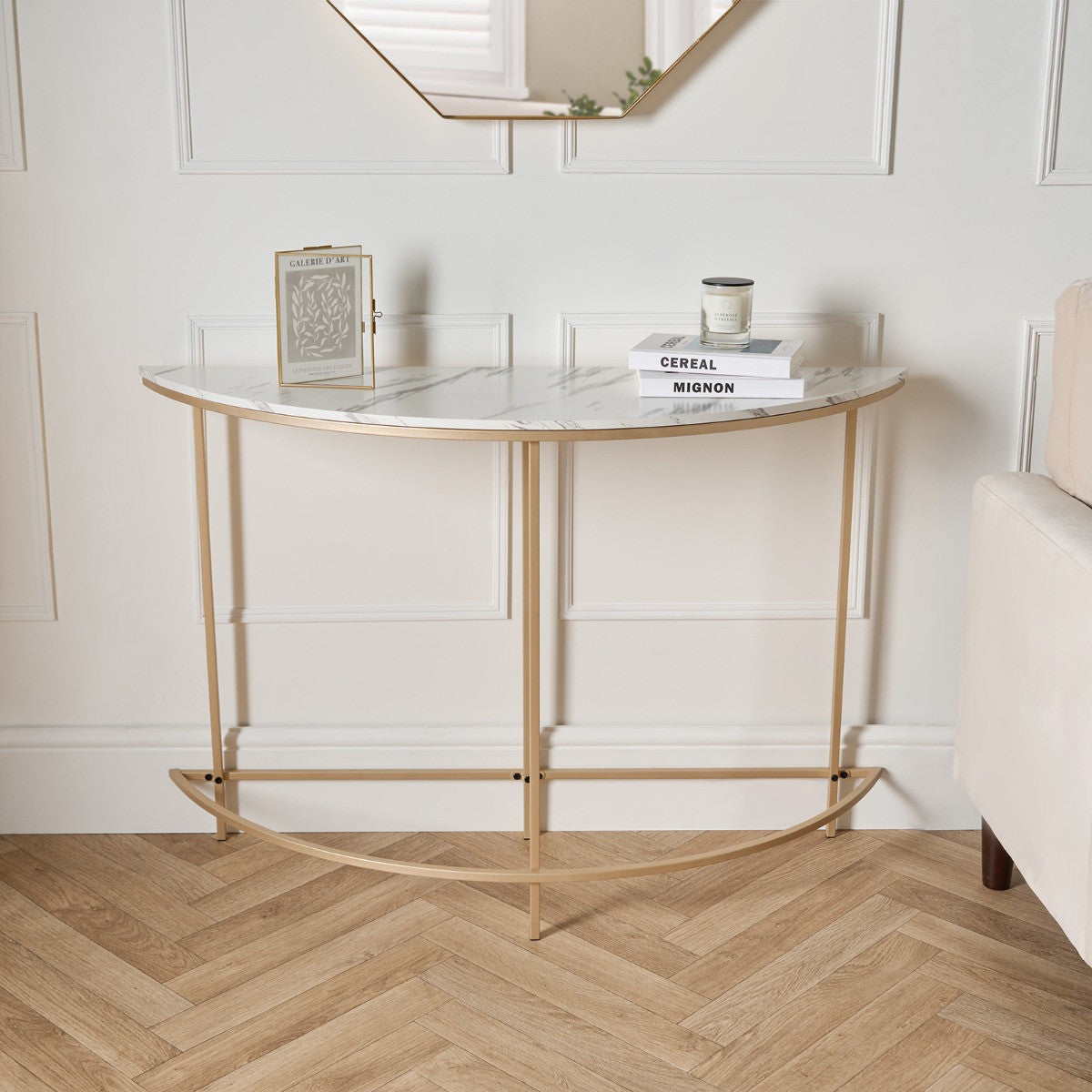 Manhattan Marble Effect Semicircle Console Table - Gold/White 🇬🇧