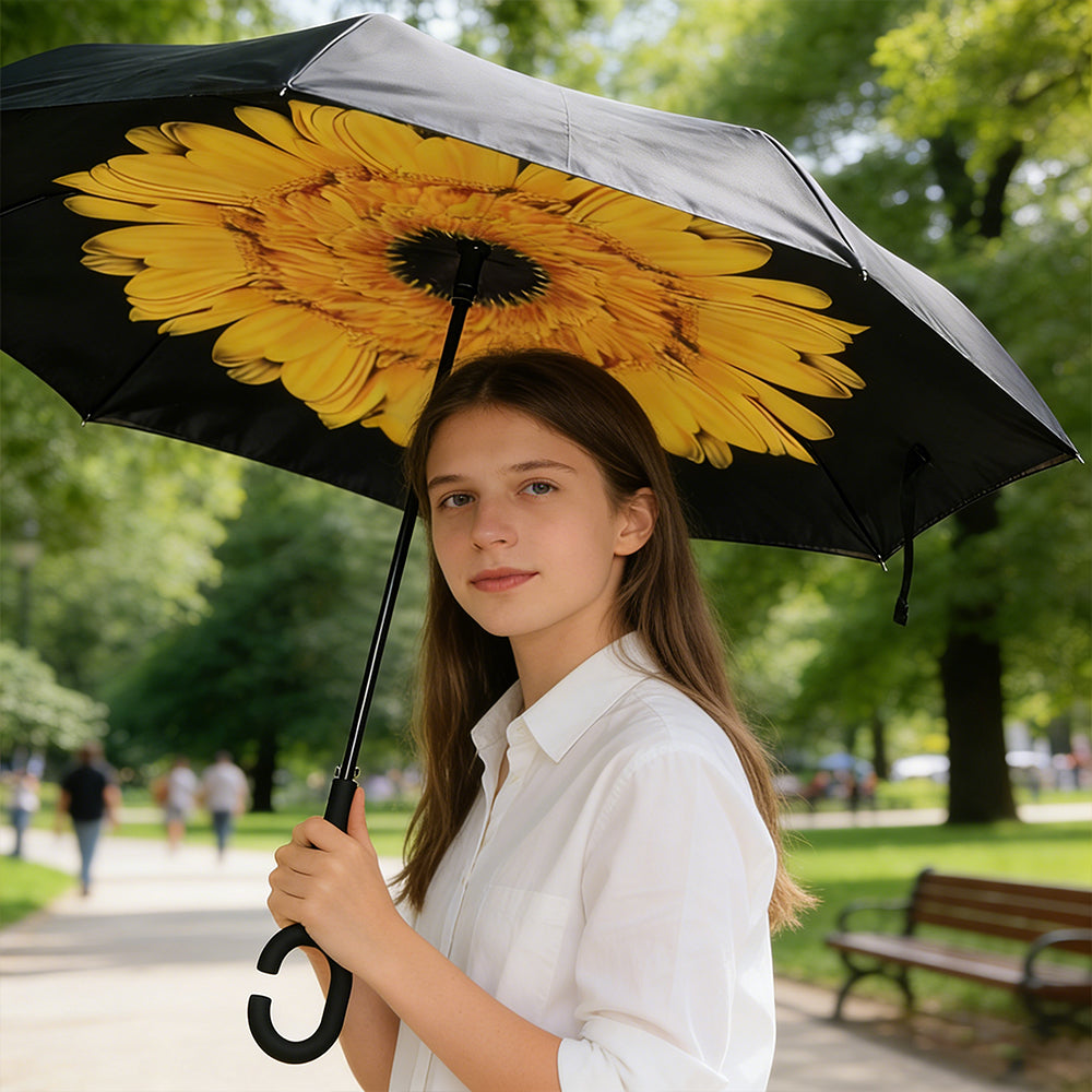 Sunflower Pattern Double Layer Inverted Umbrella Cars Reverse Open Folding Umbrellas Windproof UV Protection Large Self Stand Upside Down Straight Umbrella C Handle 🇬🇧