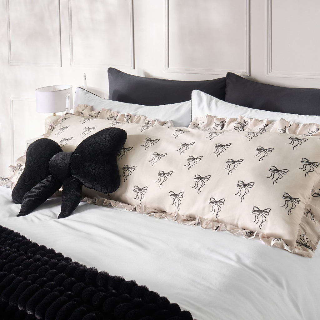 Bow Print Frill Edge Bolster Pillow - Monochrome 🇬🇧