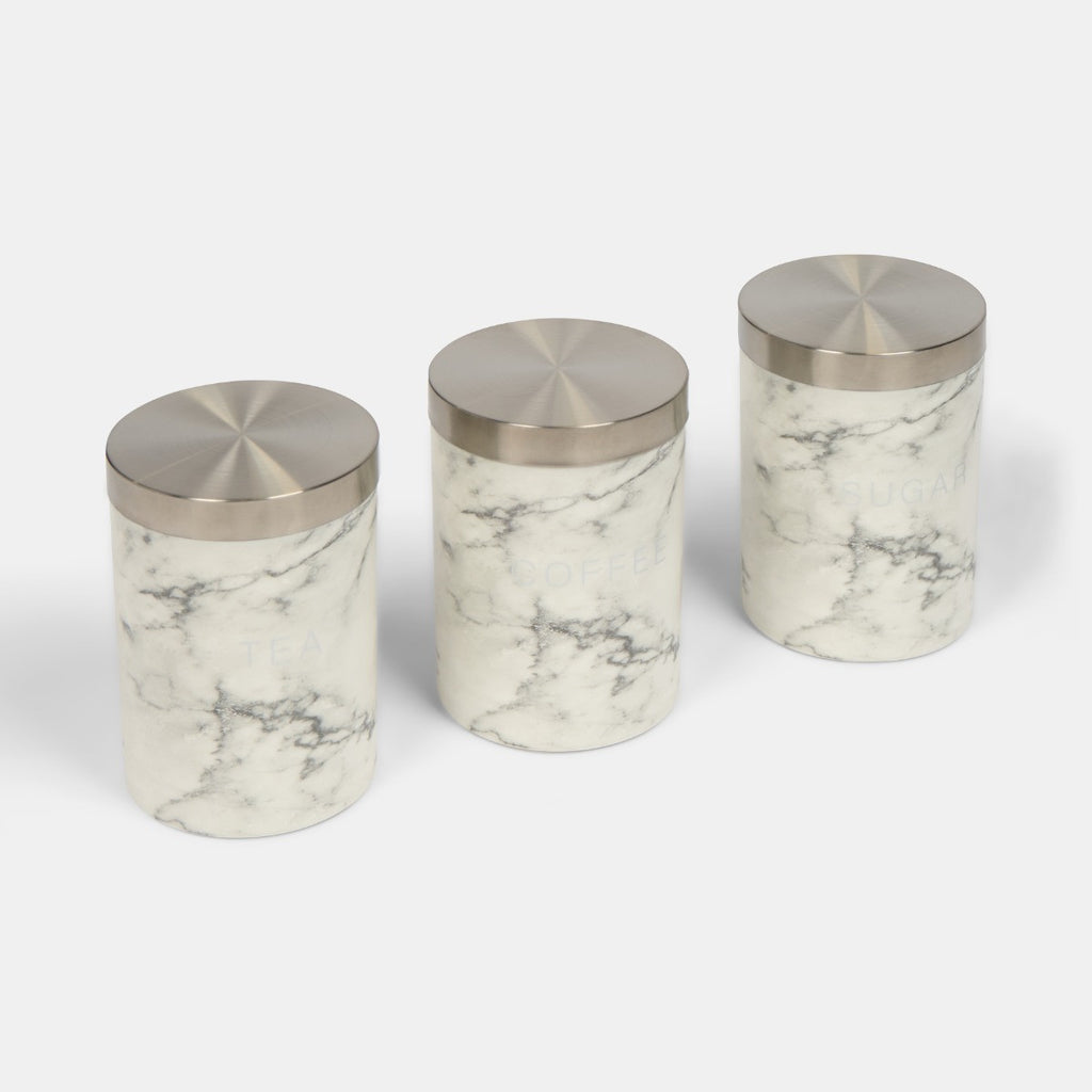 3 Piece Tea Coffee Sugar Canisters - White Marble 🇬🇧