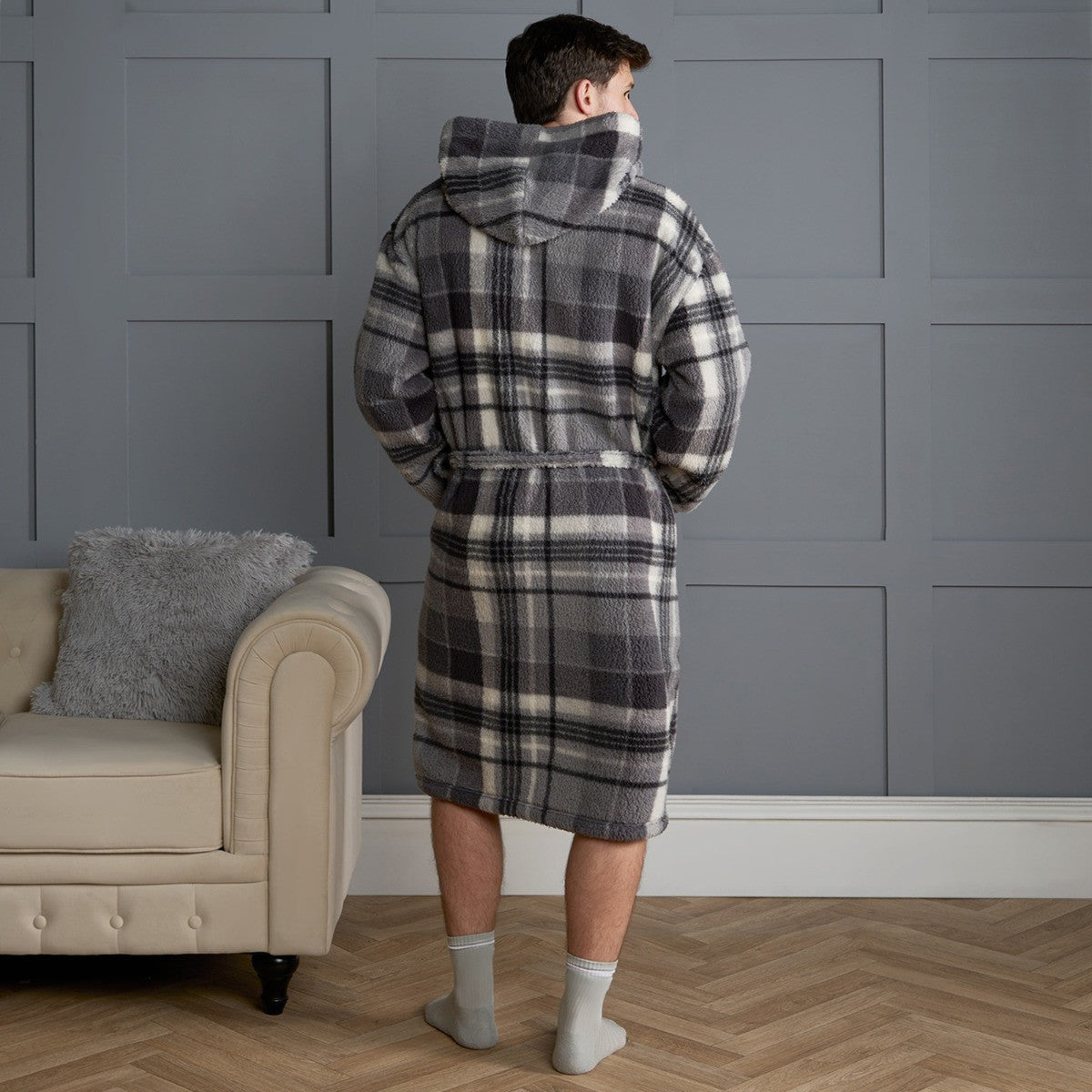 Tartan Check Print Teddy Dressing Gown, Adults - Charcoal 🇬🇧