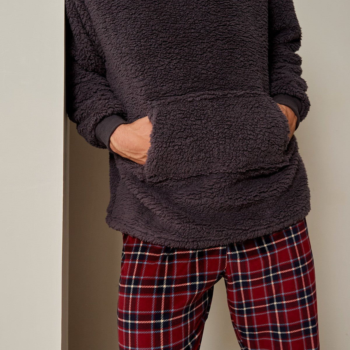 Men's Teddy Hoodie Check Pyjama Set - Burgundy 🇬🇧