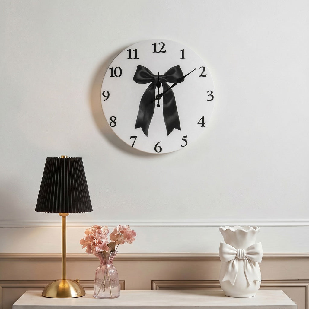 Bow Print Wall Clock - White/Pink 🇬🇧