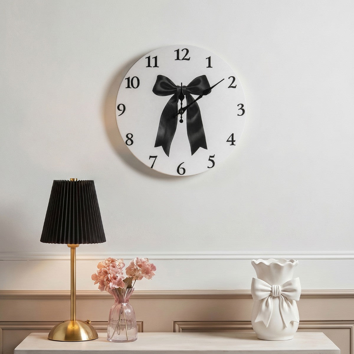 Bow Print Wall Clock - White/Pink 🇬🇧