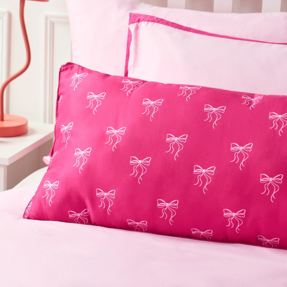 Kids Bow Print Bolster Pillow - Hot Pink 🇬🇧