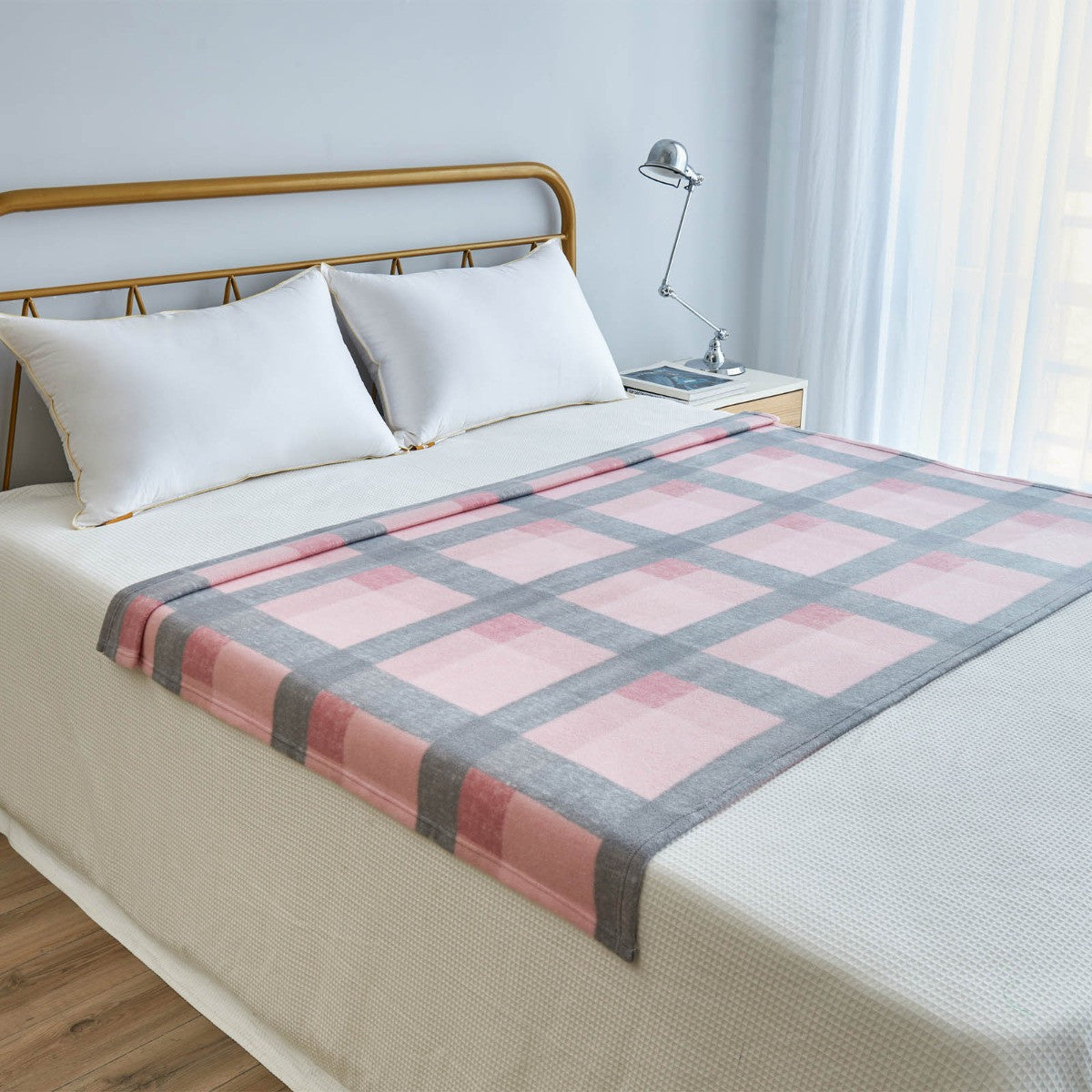 Tartan Check Fleece Throw - Blush Pink/Grey 🇬🇧
