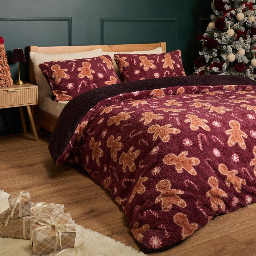 Gingerbread Man Print Teddy Fleece Duvet Cover Set - Burgundy 🇬🇧