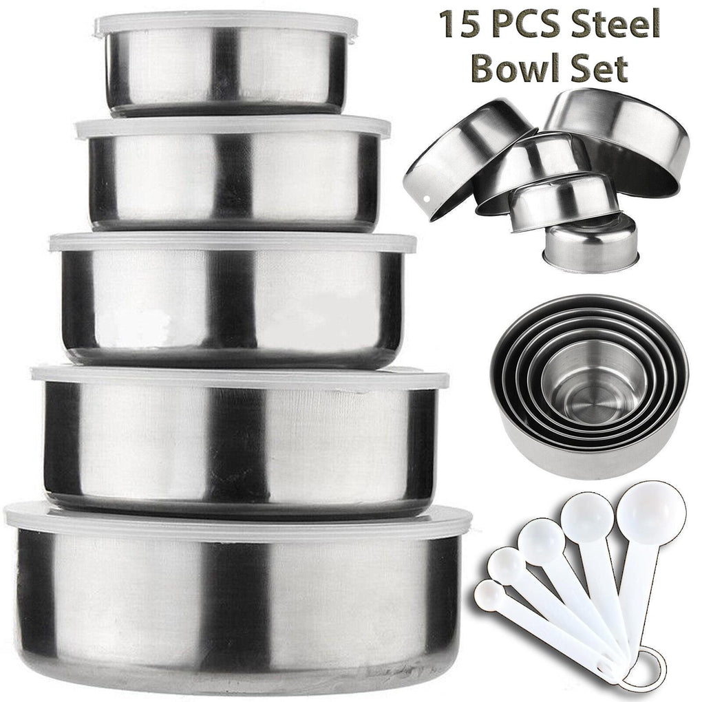15-Piece Stainless Steel Bowl Set with Lids & Measuring Spoons 🇬🇧
