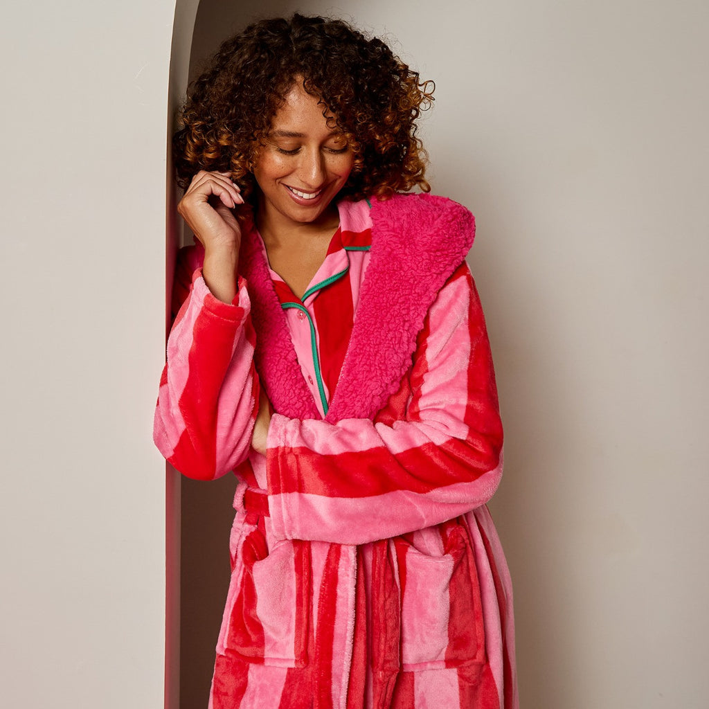 Flannel Fleece Candy Stripe Dressing Gown, Adult - Pink 🇬🇧