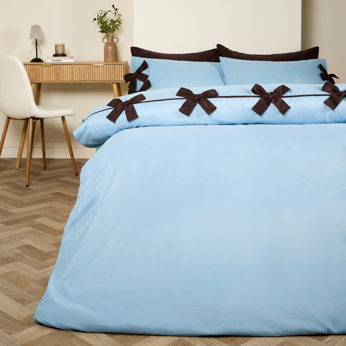 Bow Detail Duvet Cover Set - Blue/Coffee 🇬🇧