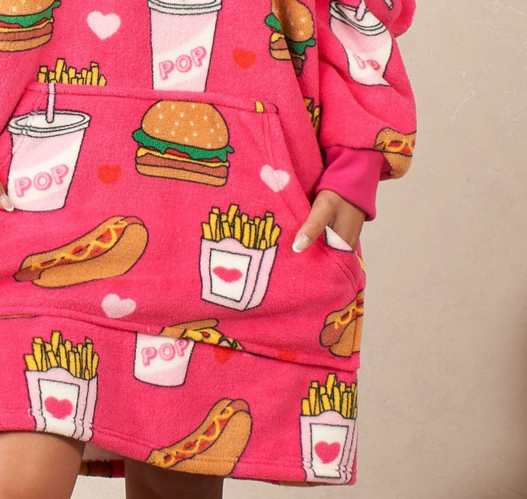 Fast Food Print Hoodie Blanket, Adults - Pink 🇬🇧
