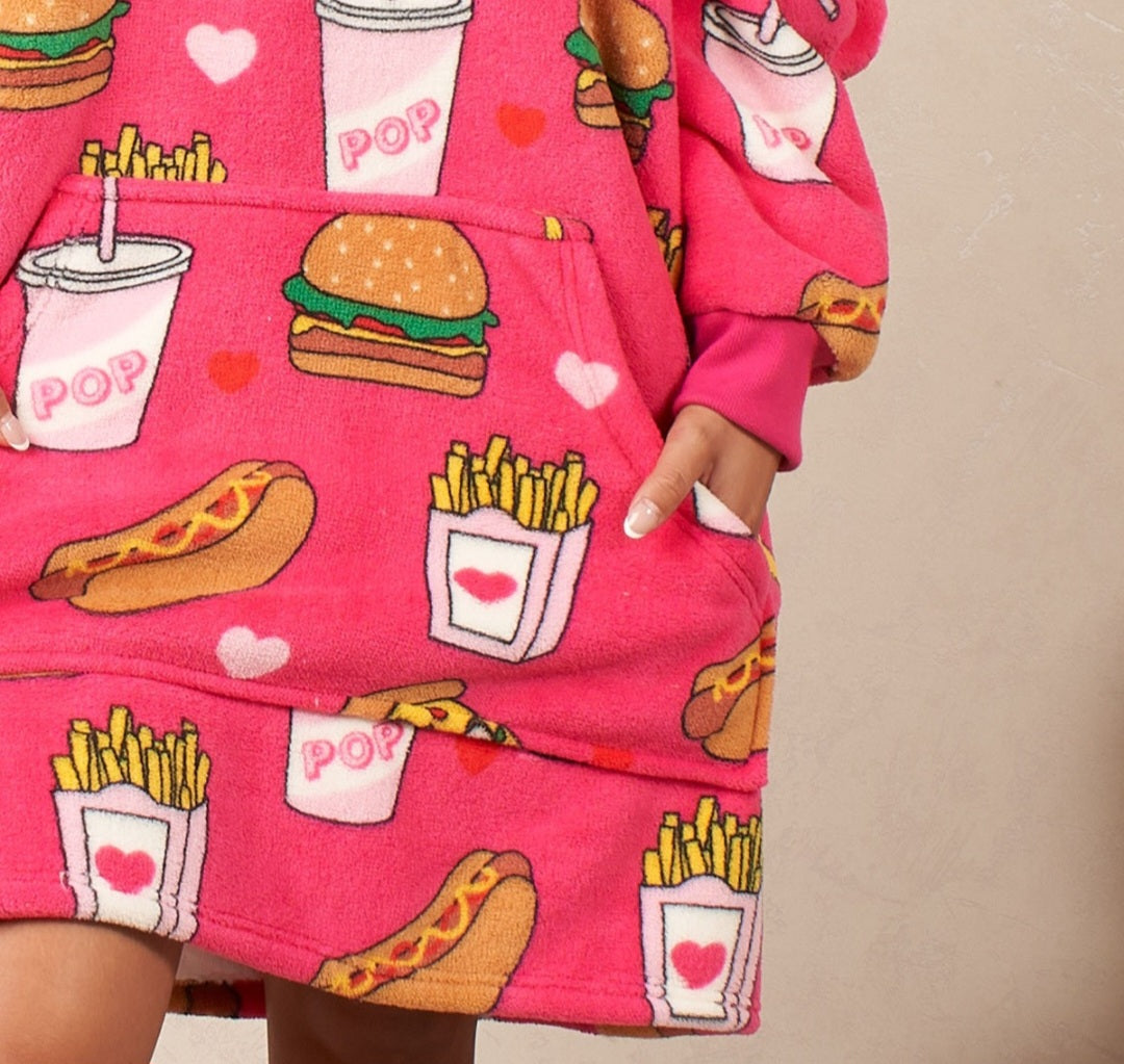 Fast Food Print Hoodie Blanket, Adults - Pink 🇬🇧