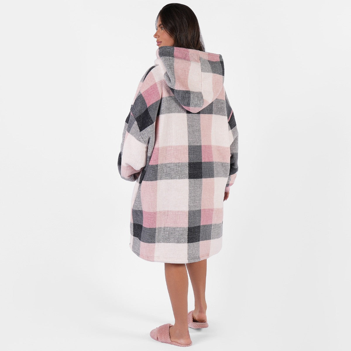 Tartan Winter Check Sherpa Hoodie Blanket, Adults - Blush 🇬🇧