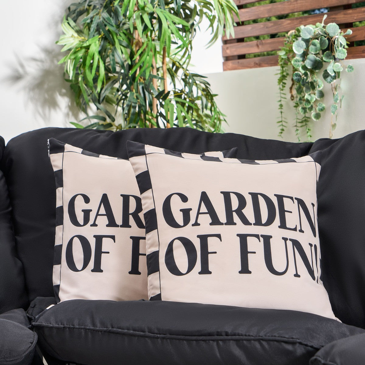 Indoor/Outdoor Garden Of Fun Slogan Cushion Covers - Monochrome 🇬🇧
