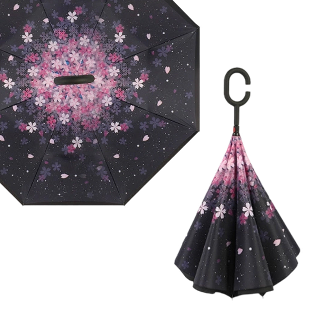 Sunflower Pattern Double Layer Inverted Umbrella Cars Reverse Open Folding Umbrellas Windproof UV Protection Large Self Stand Upside Down Straight Umbrella C Handle 🇬🇧