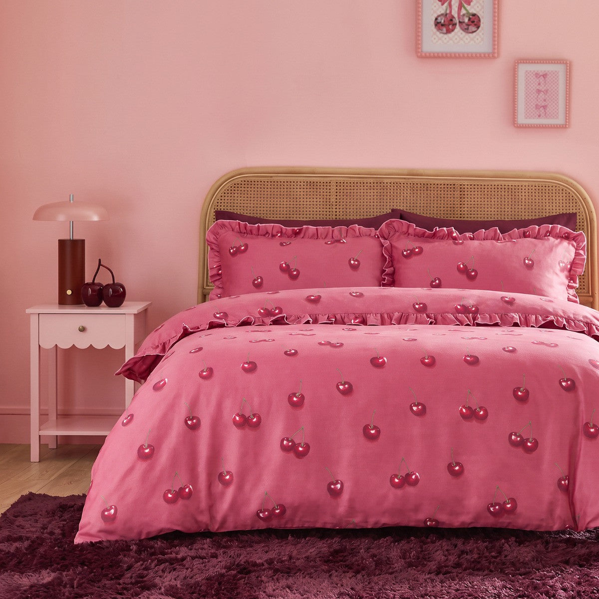Cherry Printed Frill Edge Duvet Cover Set - Burgundy/Plum 🇬🇧