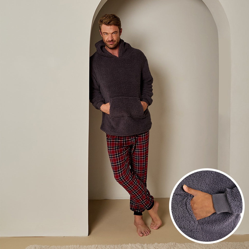 Men's Teddy Hoodie Check Pyjama Set - Burgundy 🇬🇧