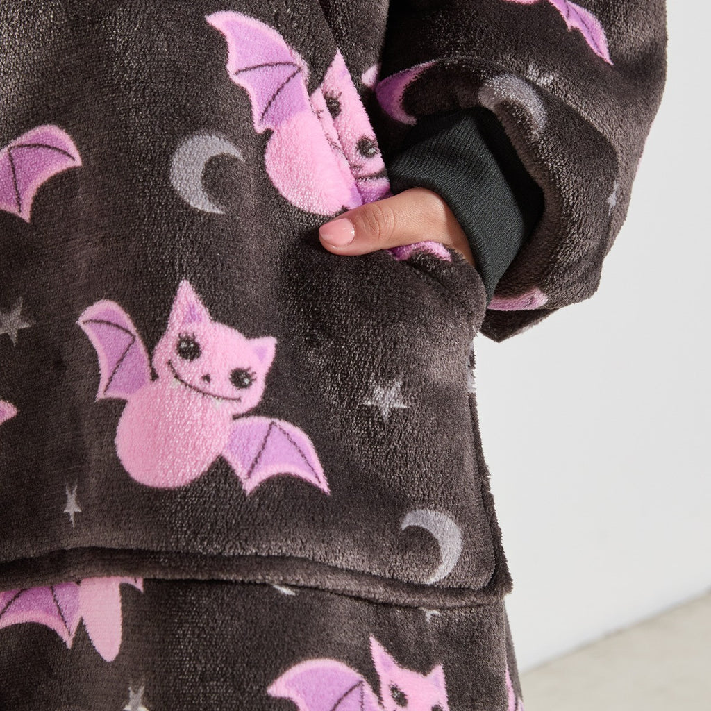 Kids Bat Print Hoodie Blanket - Black 🇬🇧