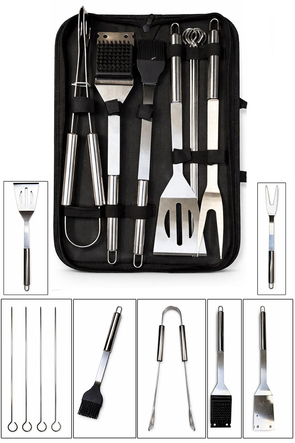 Stainless Steel BBQ Tool Set with Case – Grill Utensils Kit, Tongs, Spatula & Skewers 🇬🇧