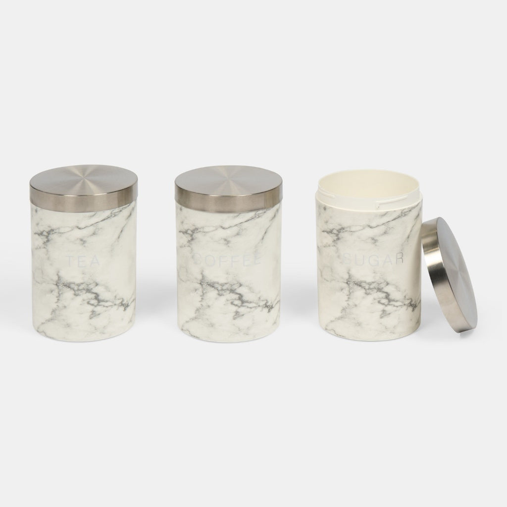3 Piece Tea Coffee Sugar Canisters - White Marble 🇬🇧