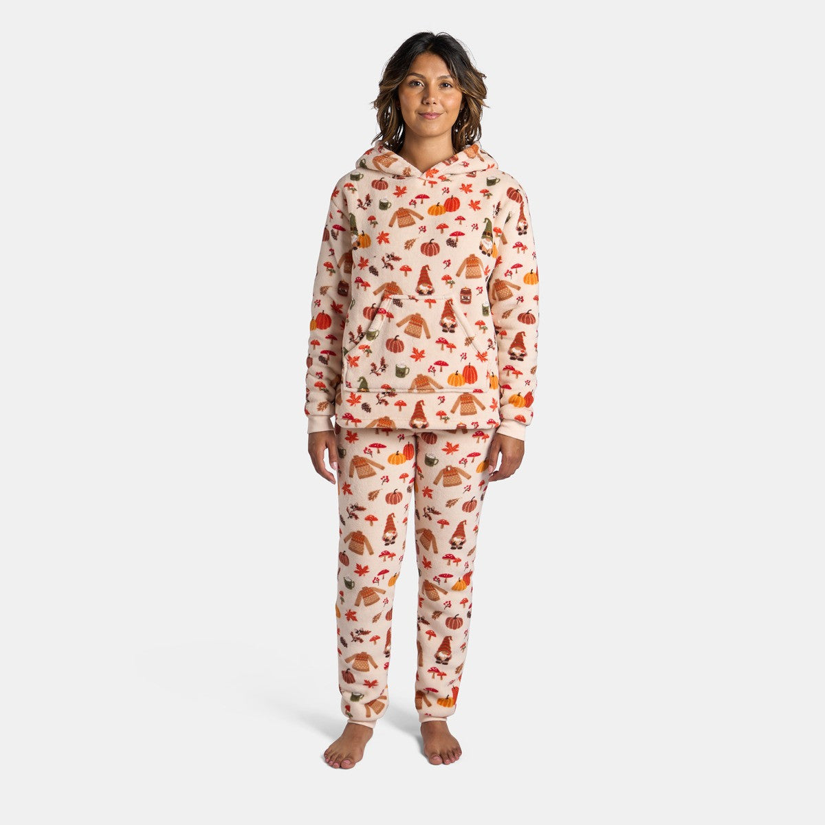 Autumn Print Fleece Hoodie Pyjama Set - Beige 🇬🇧