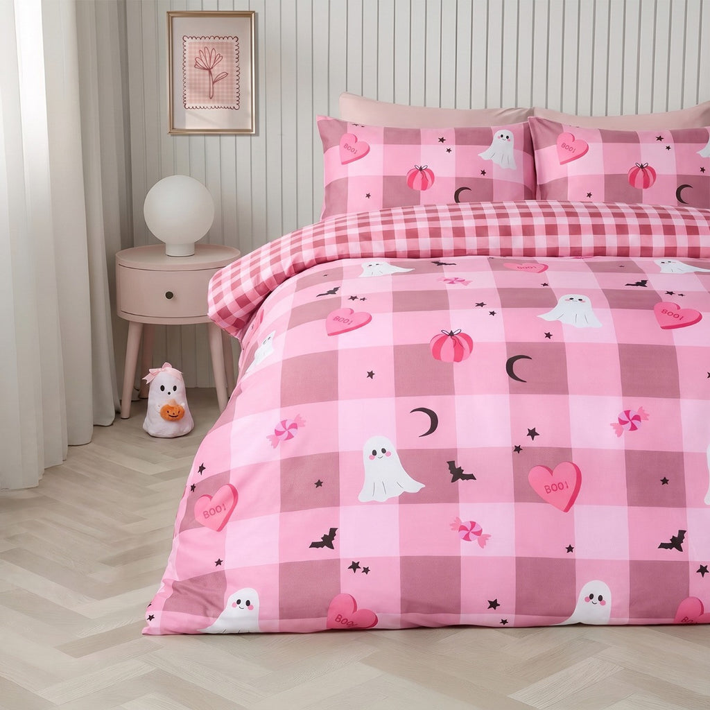 Halloween Gingham Reversible Duvet Cover Set - Pink 🇬🇧