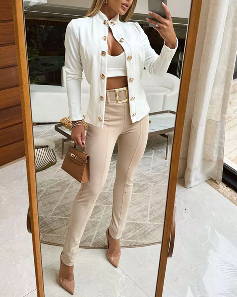 Stand Collar Long Sleeve Blazer Metal Button Front Work Office Jackets Coat 🇺🇸