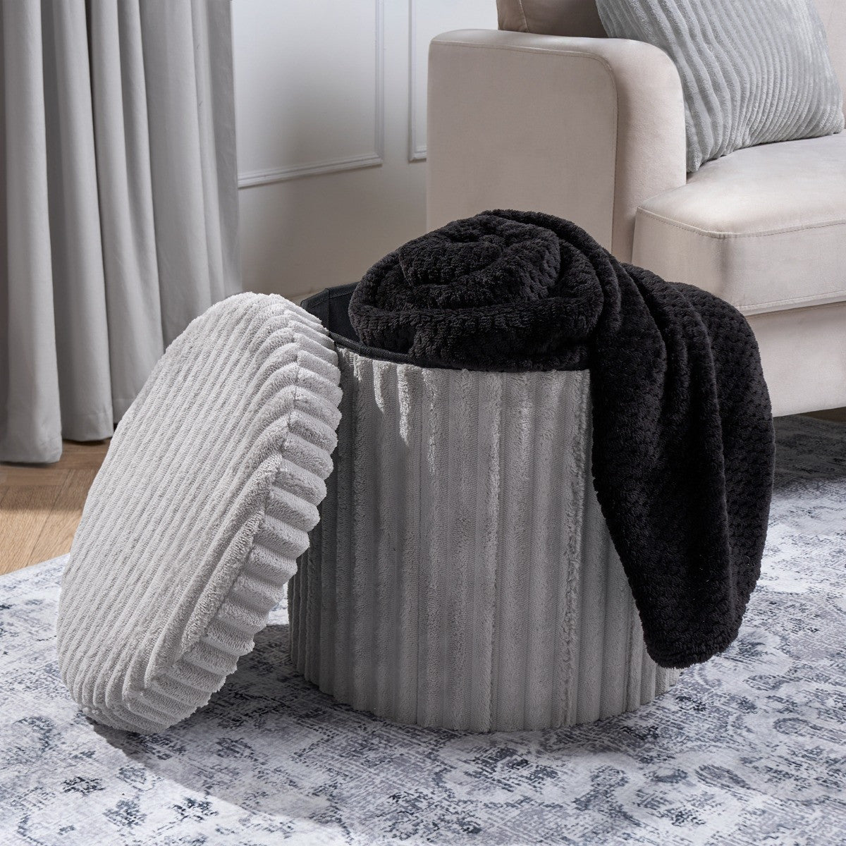 Ribbed Foldable Round Storage Ottoman 🇬🇧