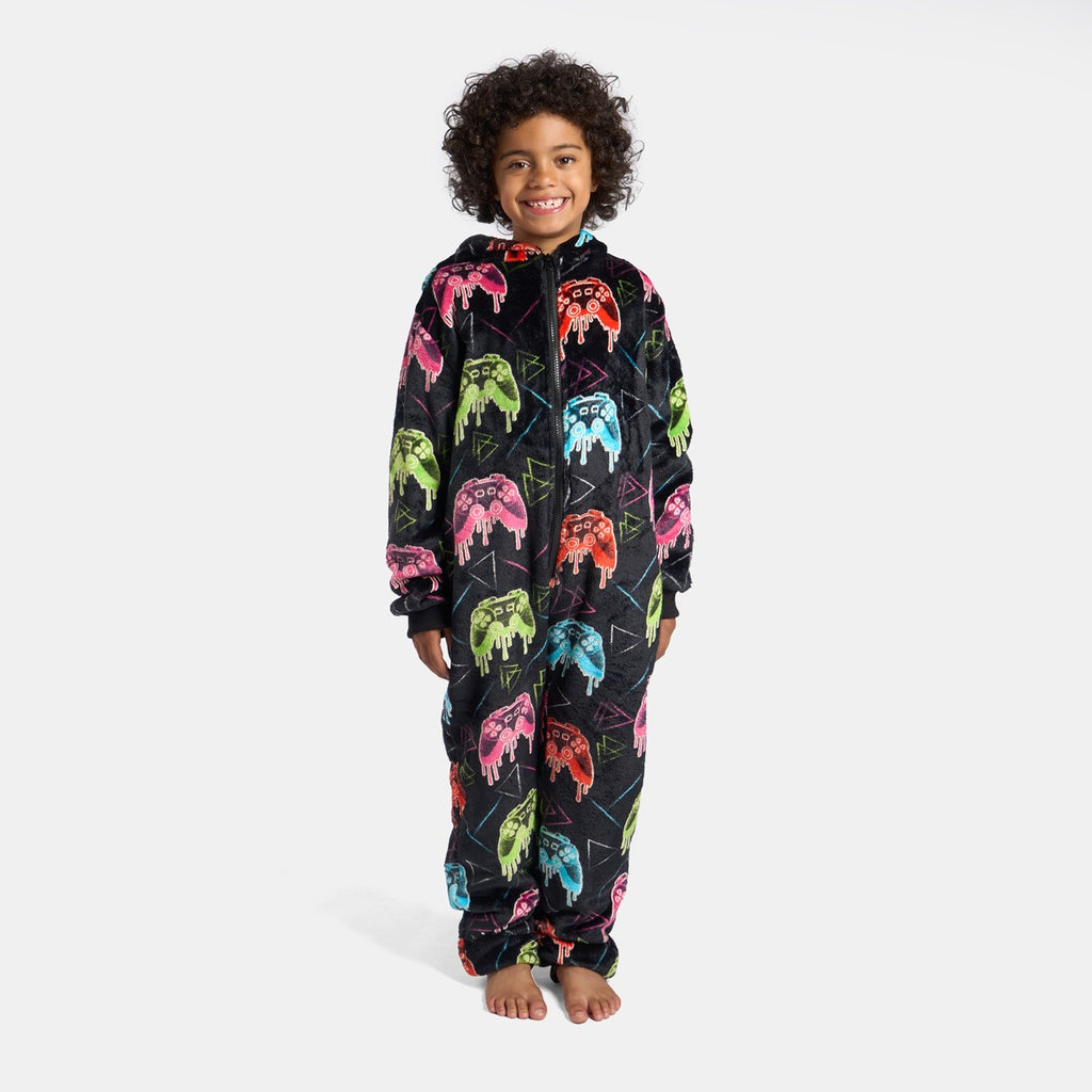 Kids Neon Drip Gaming Glow In The Dark Onesie - Black 🇬🇧
