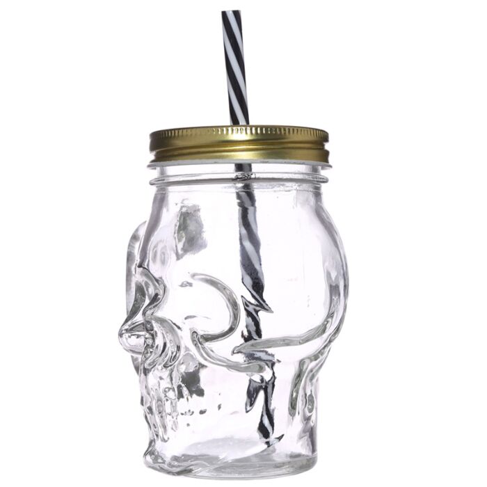 Glass Skull Drinking Jar with Metal Lid & Stripy Straw 🇬🇧