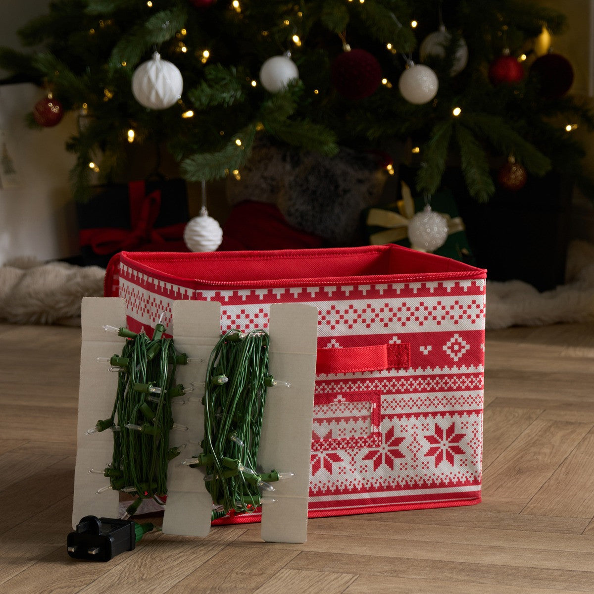 Nordic Print Square Christmas Light Storage Box - Red 🇬🇧