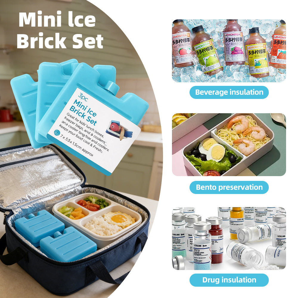 3PCS Mini Ice Bricks Set Freezer Blocks Reusable Freezer Cooler Bag for Lunch Box Travel Picnic Outdoor Activities Blue 🇬🇧