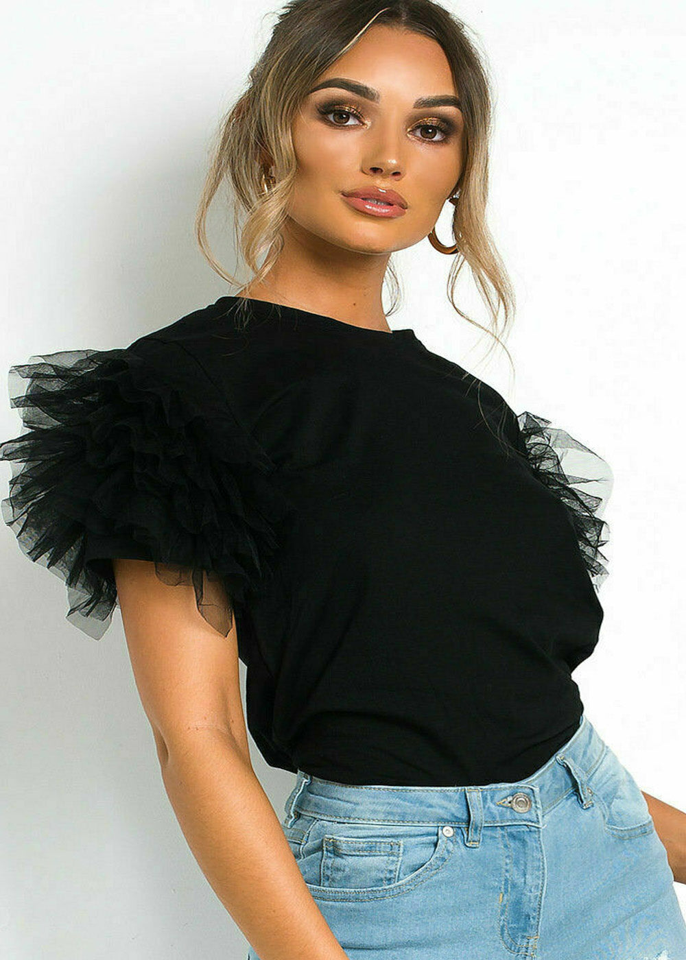 Ruffle Mesh Puff Sleeve Top 🇬🇧