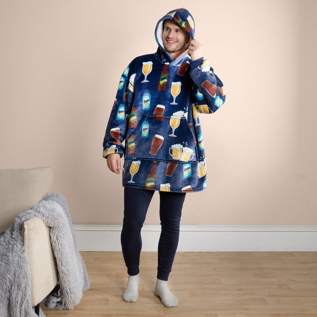 Adults Beer Pint Print Hoodie Blanket - Navy 🇬🇧