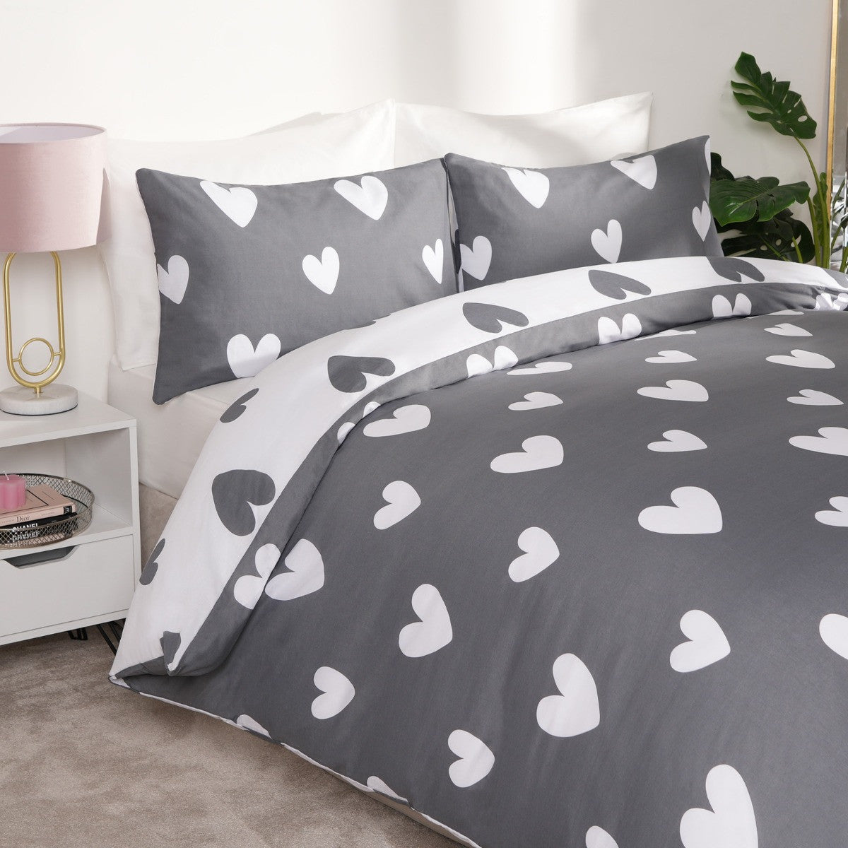 Heart Print Duvet Cover Set - Charcoal 🇬🇧