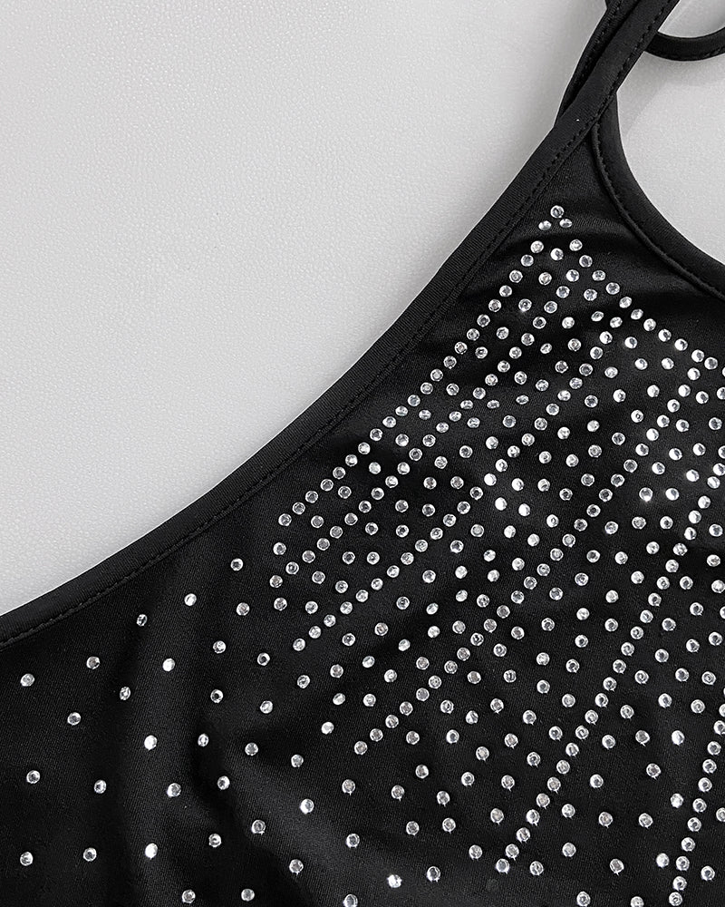 Rhinestone Decor Halter Tie Cowl Neck Long Sleeve Tee Casual Sheer Mesh Spliced Backless Top 🇺🇸